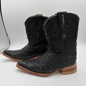 El‎ General Toddler Kids 8.5 Black Leather Ostrich Print Square Toe Cowboy Boots